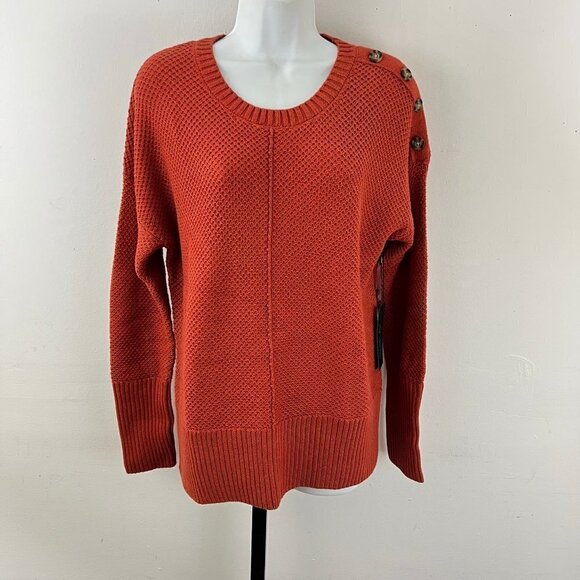 Rachel Zoe Women's Orange Crewneck Sweater with Button Detail Shoulders L - Picture 2 of 12